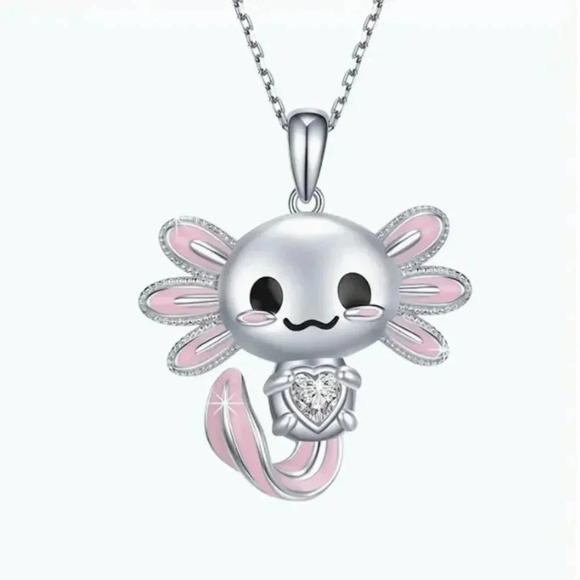 Cute Cartoon Axolotl Pink & Silver Pendant Necklace - Picture 2 of 4